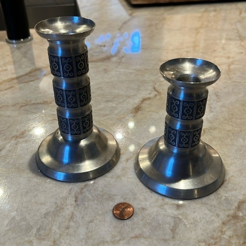 Antique set of 2 Norwegian Haugrud pewter candle holder, 1950s. Nordic motif.